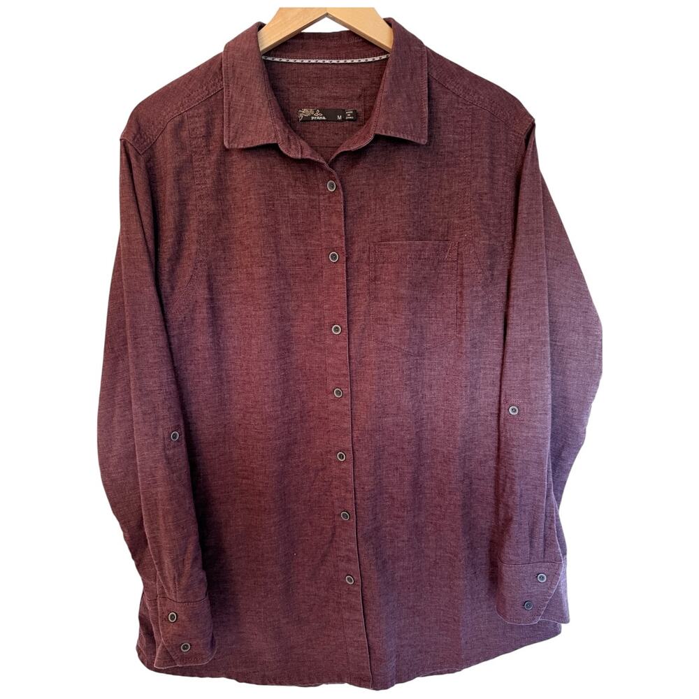 prAna Button Up Shirt Womens Medium Red Long Sleeve Casual Lightweight
